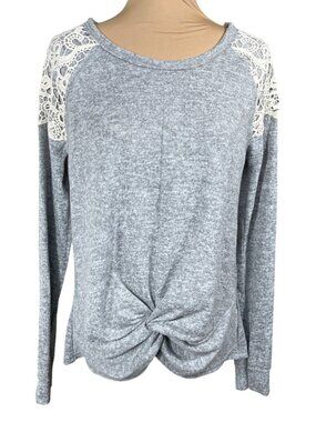 New Rewind Top Grey Cream Lace Shoulder Front Twist Size L Large